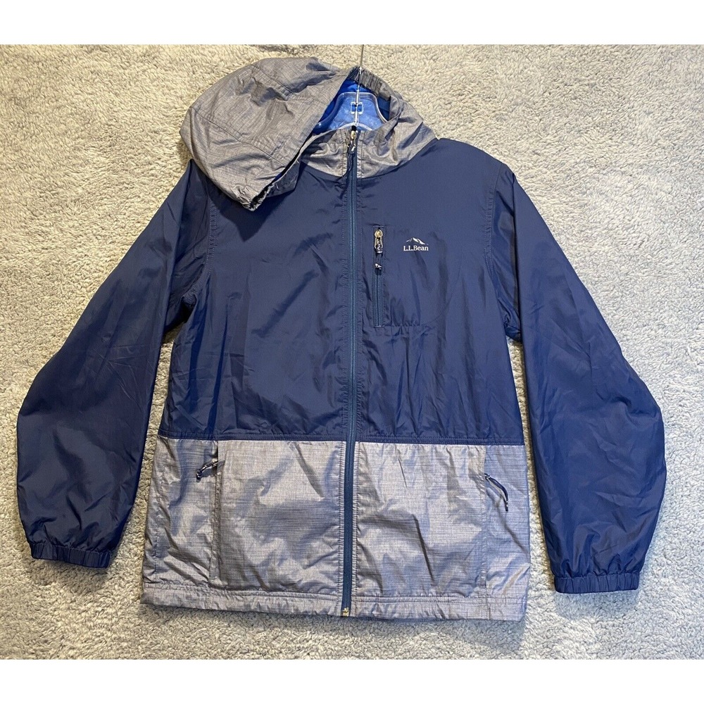 LL Bean Windbreaker Boys L 14-16 Youth Blue Zip Lined Jacket Lightweight‎ Hooded